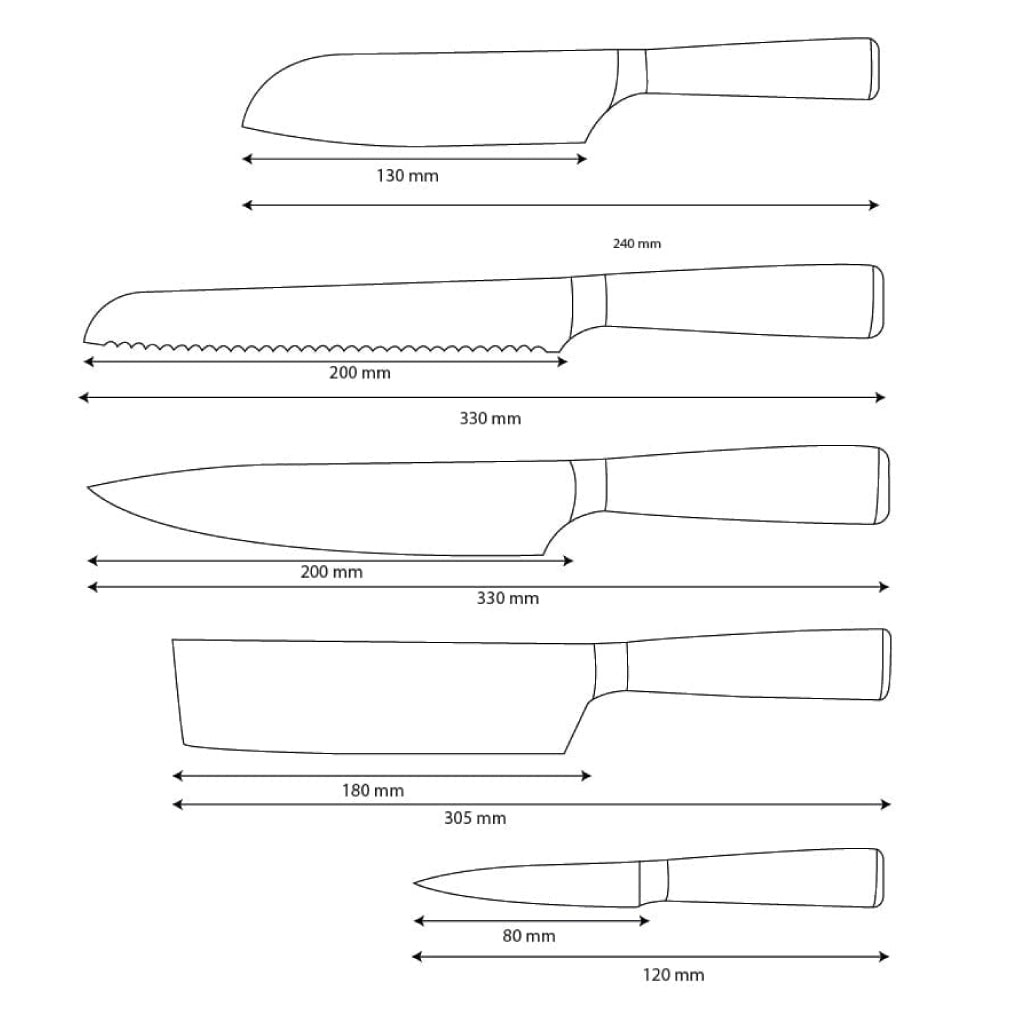 Shinrai Knives - Damascus Print 5-Piece Knife Set - Chef's Knife + Bread Knife + Nakiri + Small Santoku + Paring Knife