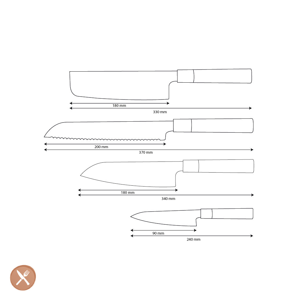 Couteaux Shinrai - Ensemble de couteaux Damas 4 pièces Takumi Kaza - Santoku + Couteau à pain + Nakiri + Couteau d'office