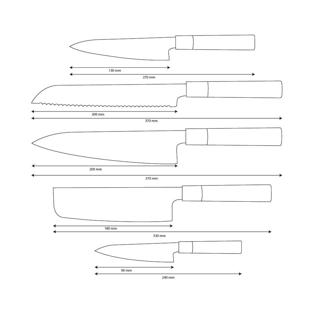 Shinrai Knives - Takumi Kaza 5-Piece Damascus Knife Set - Chef's Knife + Bread Knife + Nakiri + Paring Knife + Paring Knife