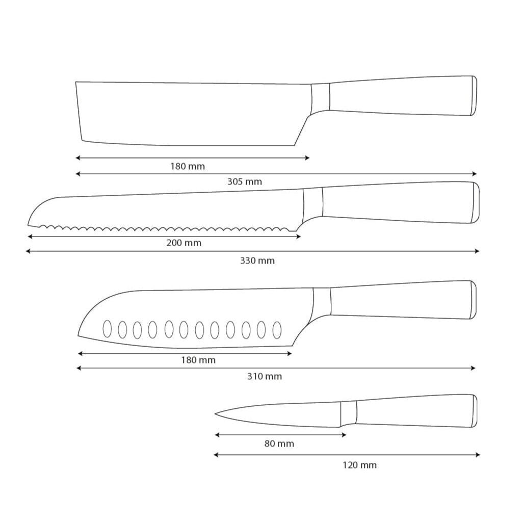 Shinrai Knives - Damascus Print Epoxy Onyx 4-piece Knife Set - Santoku + Bread Knife + Nakiri + Paring Knife