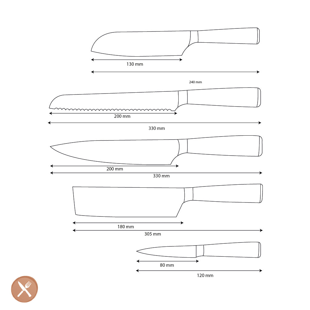 Shinrai Knives - Damascus Print Epoxy Onyx 5-piece Knife Set - Chef's Knife + Bread Knife + Nakiri + Small Santoku + Paring Knife