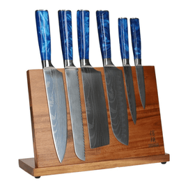 Epoxy Sapphire Damascus Print 6-Piece Knife Set + Acacia holder single-sided Epoxy Sapphire Damascus Print 6-Delige Messenset + Acacia houder enkelzijdig Messenset met blok Shinrai Knives