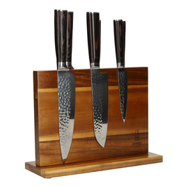 Hammered stainless steel 6-piece Knife set + Acacia holder double sided Hammered RVS 6-delige Messenset + Acacia houder dubbelzijdig Messenset met blok Shinrai Japan