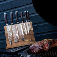 Hammered RVS 6-delige Messenset + Acacia houder enkelzijdig Messenset met blok Shinrai Knives