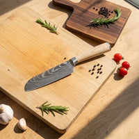 Couteaux Shinrai - Coffret de 6 couteaux Akari Damascus Print + Support mural magnétique pour couteaux - Coffret de couteaux en bois d'acacia avec bloc Shinrai