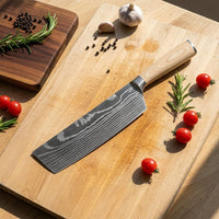 Couteaux Shinrai - Coffret de 6 couteaux Akari Damascus Print + Support mural magnétique pour couteaux - Coffret de couteaux en bois d'acacia avec bloc Shinrai