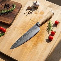 Couteaux Shinrai - Coffret de 6 couteaux Akari à motif damassé + support mural magnétique pour couteaux - Coffret de couteaux en bois de noyer avec bloc