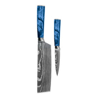 Shinrai Knives - Damascus Print Epoxy Sapphire 2-delige Messenset - Nakiri + Schilmes Messenset Shinrai Knives