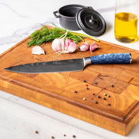 Couteaux Shinrai - Coffret de 4 couteaux en résine époxy saphir à motif damassé - Couteau de chef + Couteau à pain + Nakiri + Couteau d'office