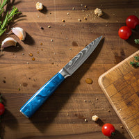 Shinrai Knives - Damascus Print Epoxy Sapphire 5-delige Messenset - Koksmes + Broodmes + Nakiri + Kleine Santoku + Schilmes Messenset Shinrai Knives