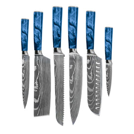 Shinrai Knives - Damascus Print Epoxy Sapphire - 6-piece Knife Set Shinrai Knives - Damascus Print Epoxy Sapphire - 6-delige Messenset Messenset Shinrai Knives