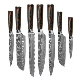 Shinrai Knives - Damascus Print 7-piece Knife Set  Shinrai Knives - Damascus Print Mega Bundel - All you need Messenset met blok, snijplank en slijpsteen Shinrai Knives