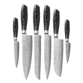Damask Pakka Wood 6-piece Damascus Knife Set Shinrai Knives - Damast Pakka Wood 6-delige Messenset Messenset Shinrai Knives
