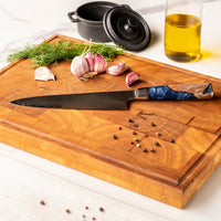 Couteaux Shinrai - Coffret de 2 couteaux damassés en époxy saphir - Couteau de chef + couteau à pain