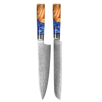 Couteaux Shinrai - Coffret de 2 couteaux en acier damassé époxy saphir - Couteau de chef + couteau à pain