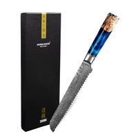 Couteau à pain Shinrai Knives - Couteau à pain en acier damassé saphir époxy 20 cm
