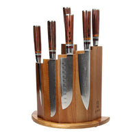 Couteaux Shinrai - Coffret de 7 couteaux damas Micarta Jewels + bloc magnétique ; Couteaux Scalae - Coffret de couteaux en bois d'acacia avec bloc ; Couteaux Shinrai