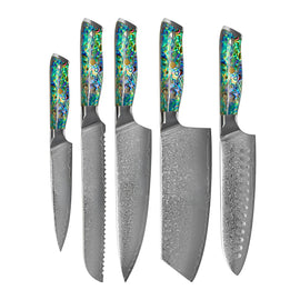 Shinrai Knives - Mother of Pearl Jewels Series 5-piece Damascus Knife Set Shinrai Knives - Parelmoer Jewels 5-delige Messenset + Messenblok Stans Messenset met blok Shinrai Knives