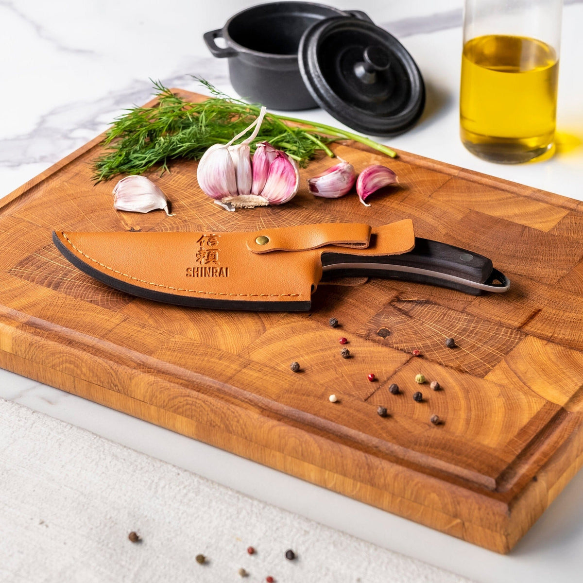 Couteau de chef Shinrai en acier inoxydable de style gladiateur avec étui - Couteau de chef d'extérieur noir