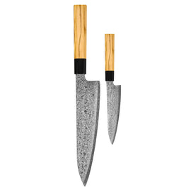 Couteaux Shinrai - Ensemble de couteaux damas Takumi Kaza 2 pièces - Couteau de chef + couteau d'office Shinrai Knives - Takumi Kaza 2-delige Damascus Messenset - Koksmes + Schilmes Messenset Shinrai Knives