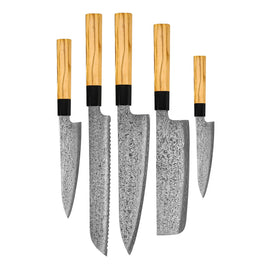 Couteaux Shinrai - Ensemble de couteaux damas Takumi Kaza 5 pièces - Couteau de chef + Couteau à pain + Couteau Nakiri + Couteau de bureau + Couteau d'office Shinrai Knives - Takumi Kaza 5-delige Damascus Messenset - Koksmes + Broodmes + Nakiri + Officemes + Schilmes Messenset Shinrai Knives