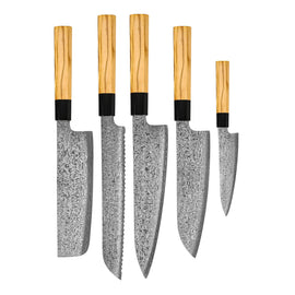 Couteaux Shinrai - Ensemble de couteaux Damas 5 pièces Takumi Kaza - Couteau de chef + Couteau à pain + Nakiri + Santoku + Couteau d'office Shinrai Knives - Takumi Kaza 5-delige Damascus Messenset - Koksmes + Broodmes + Nakiri + Santoku + Schilmes Messenset Shinrai Knives