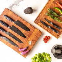 Damast Pakka Wood Series - 6-delige messenset + Acacia houder style 1 Shinrai Japan