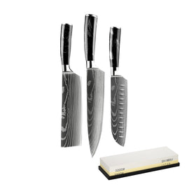 Epoxy Onyx Damascus Print 3-Piece Knife Set - Combideal XL Epoxy Onyx 3-delige Messenset + slijpsteen KookGigant