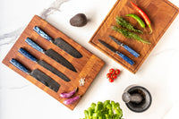 Epoxy Sapphire 6-delige Damascus Print Messenset + Acacia houder 1 Shinrai Japan