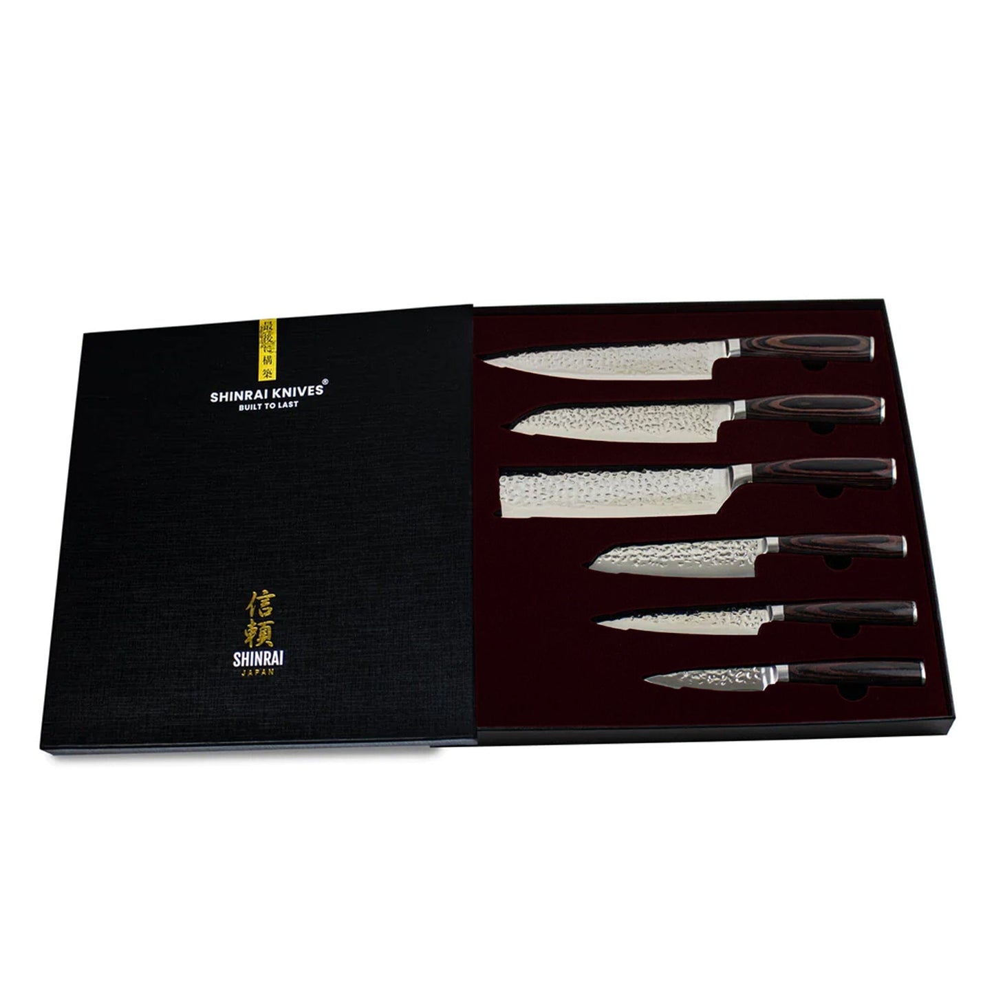 Hammered RVS 6-delige Messenset + Acacia houder dubbelzijdig Messenset met blok Shinrai Japan