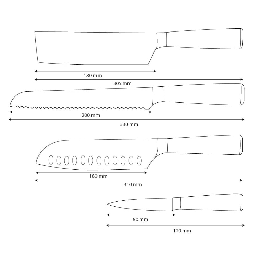 Shinrai Knives - Damascus Print 4-Piece Knife Set - Santoku + Bread Knife + Nakiri + Paring Knife