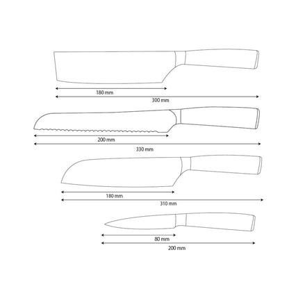 Shinrai Knives - Ensemble de 4 couteaux en acier inoxydable martelé - Santoku + Couteau à pain + Nakiri + Couteau d'office