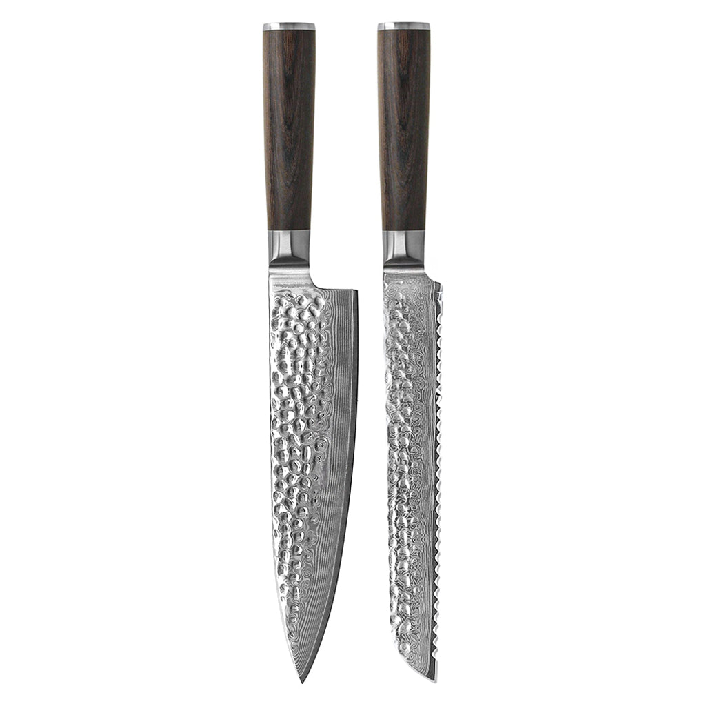 Shinrai Knives - Hammered Damask BR 2-Piece Knife Set - Chef's Knife + Bread Knife