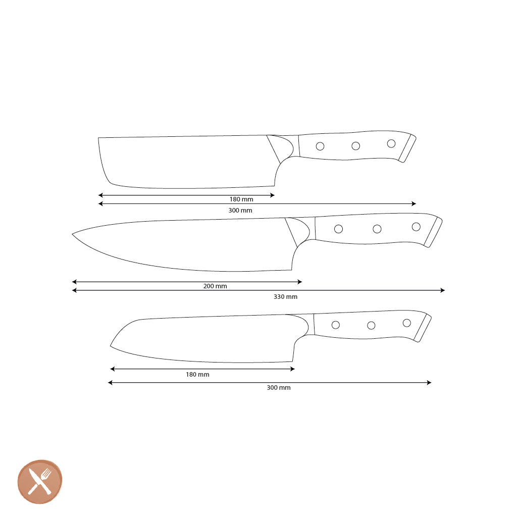 Shinrai Knives - Eclipse 3-piece Damascus Knife Set - Chef's Knife + Nakiri + Santoku