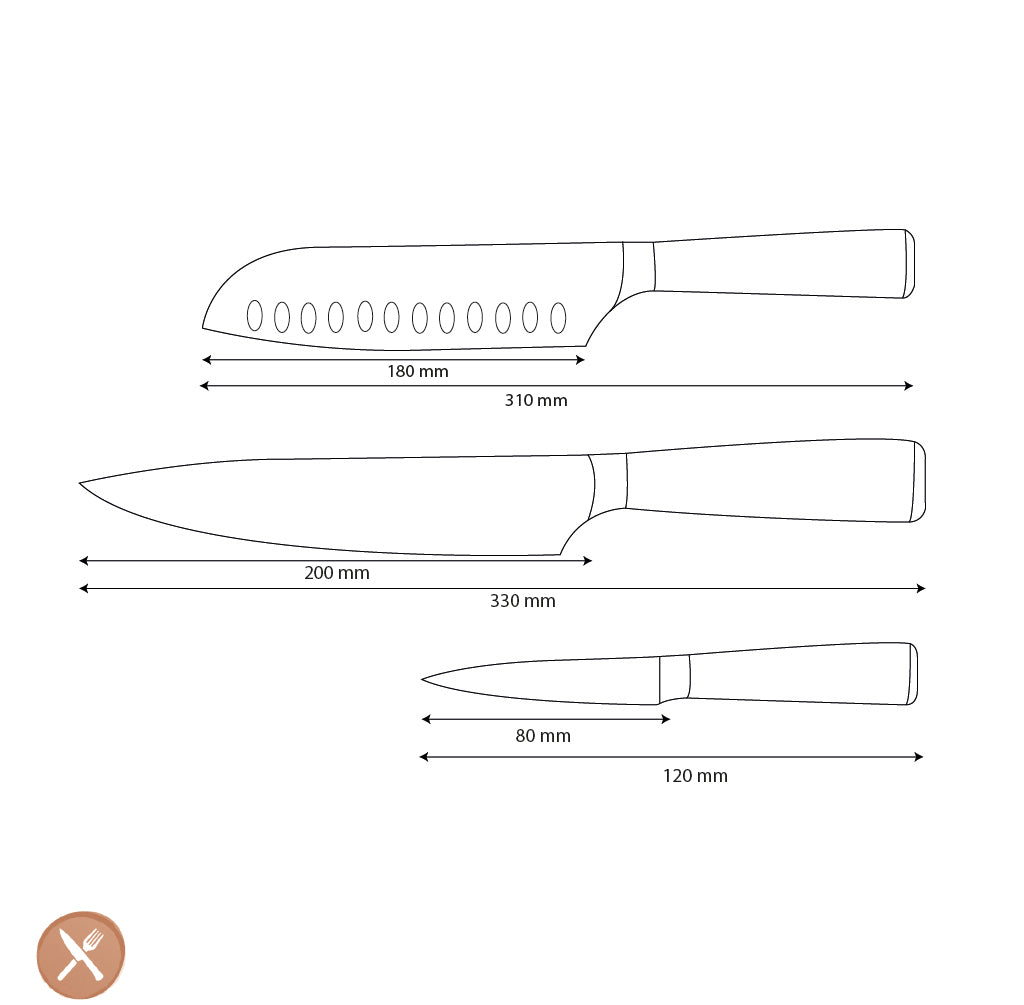 Shinrai Knives - Damascus Print 3-Piece Knife Set - Chef's Knife + Santoku + Paring Knife