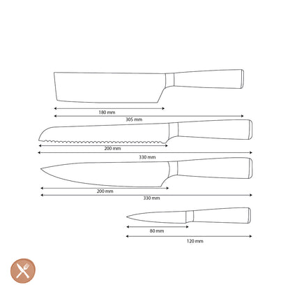 Shinrai Knives - Damascus Print 4-Piece Knife Set - Chef's Knife + Bread Knife + Nakiri + Paring Knife