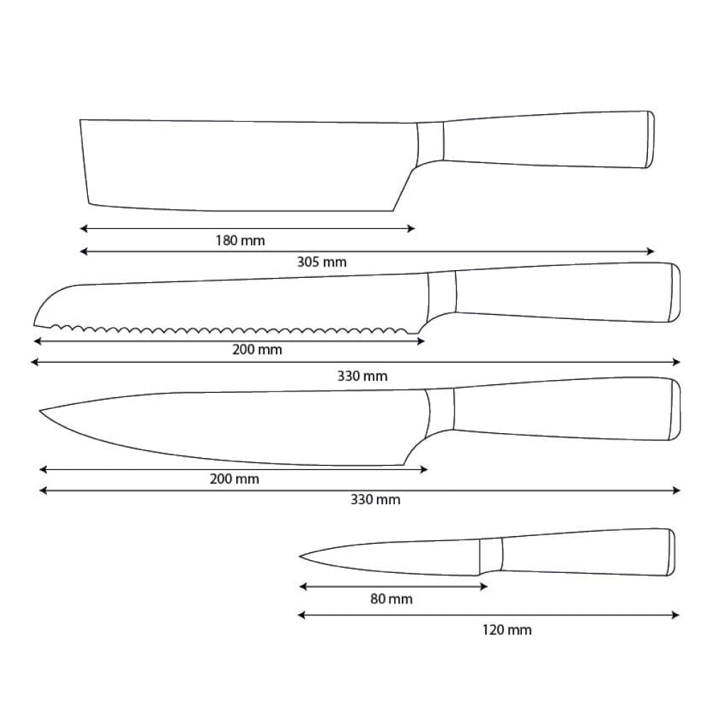Shinrai Knives - Damascus Print Epoxy Sapphire 4-Piece Knife Set - Chef's Knife + Bread Knife + Nakiri + Paring Knife