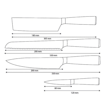Shinrai Knives - Damascus Print Epoxy Sapphire 4-Piece Knife Set - Chef's Knife + Bread Knife + Nakiri + Paring Knife