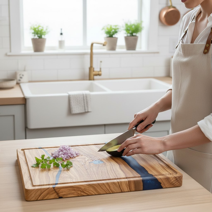 Shinrai Knives - Epoxy Sapphire Cutting Board Olive Wood - 40 x 30 x 3 cm