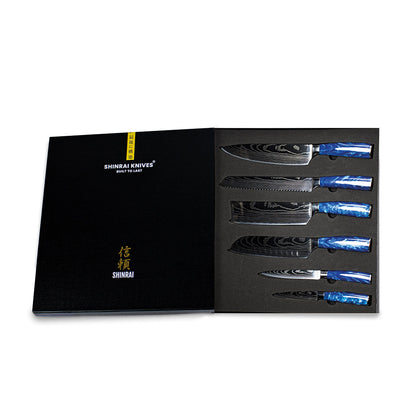 Shinrai Japan - Ensemble de couteaux 6 pièces à imprimé époxy saphir damas + bloc de couteaux magnétique Scalae - Bois d&#39;acacia