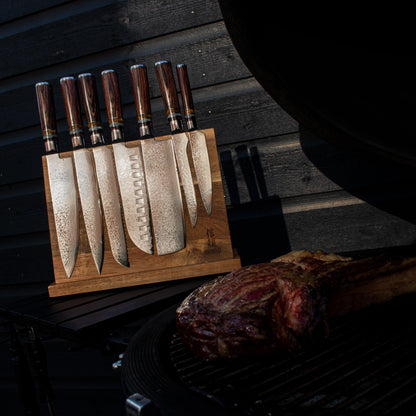 Micarta Jewels Ensemble de couteaux Damas 7 pièces + support en acacia double face