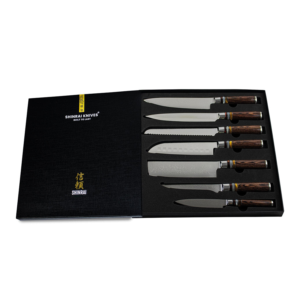 Shinrai Knives - Micarta Jewels 7-Piece Damascus Knife Set + Scalae Magnetic Knife Block - Acacia Wood