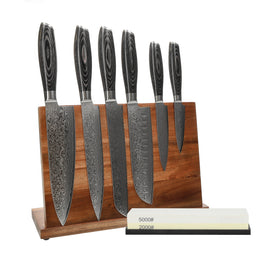 Shinrai Knives - Damask Pakka Wood 6-Piece Knife Set + Knife Block + Sharpening Stone