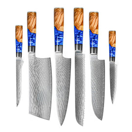 Shinrai Knives - Epoxy Sapphire 6-piece Damascus Knife Set
