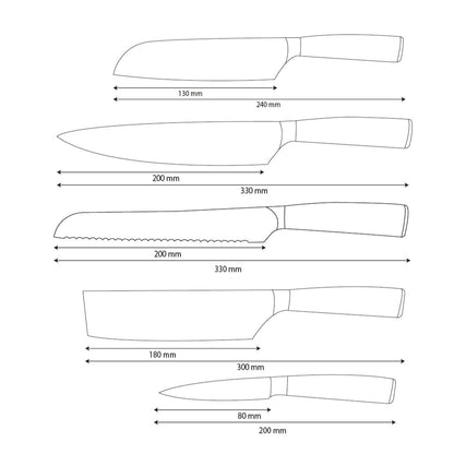 Shinrai Knives - Hammered Stainless Steel 5-Piece Knife Set - Chef's Knife + Bread Knife + Nakiri + Small Santoku + Paring Knife