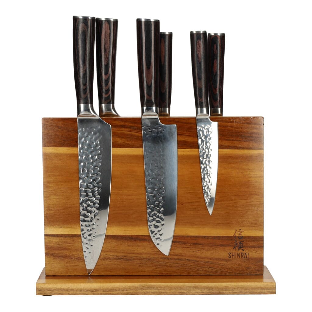 Hammered RVS 6-delige Messenset + Acacia houder dubbelzijdig Messenset met blok Shinrai Knives 