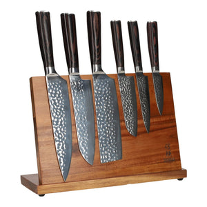 Hammered RVS 6-delige Messenset + Acacia houder enkelzijdig Messenset met blok Shinrai Knives 
