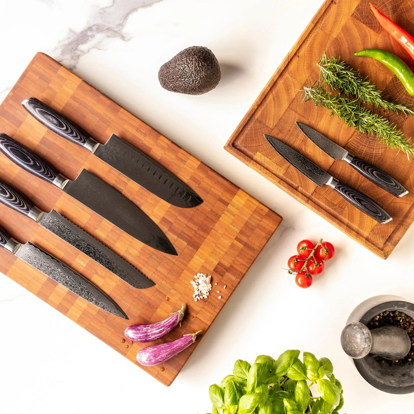 Shinrai Japan - Damast Pakka Wood 6-delige Messenset + Magnetisch Messenblok Scalae - Acacia hout Shinrai Japan 