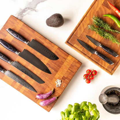 Shinrai Japan - Damast Pakka Wood 6-delige Messenset + Magnetisch Messenblok Scalae - Acacia hout Shinrai Japan 