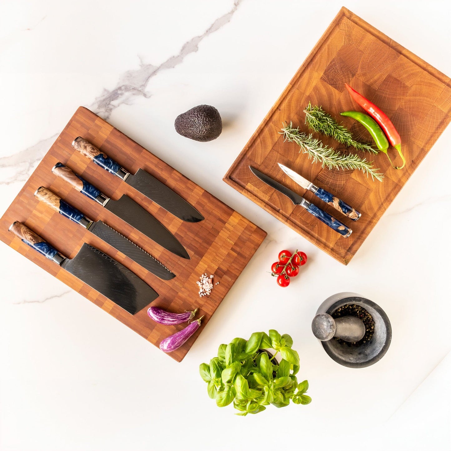 Shinrai Japan - Epoxy Sapphire 6-delige Damascus Messenset + Magnetisch Messenblok Scalae - Acacia hout Shinrai Japan 